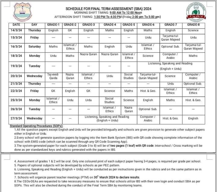 Punjab Education Commission Date Sheet 2024 pec Annual Supply Exams