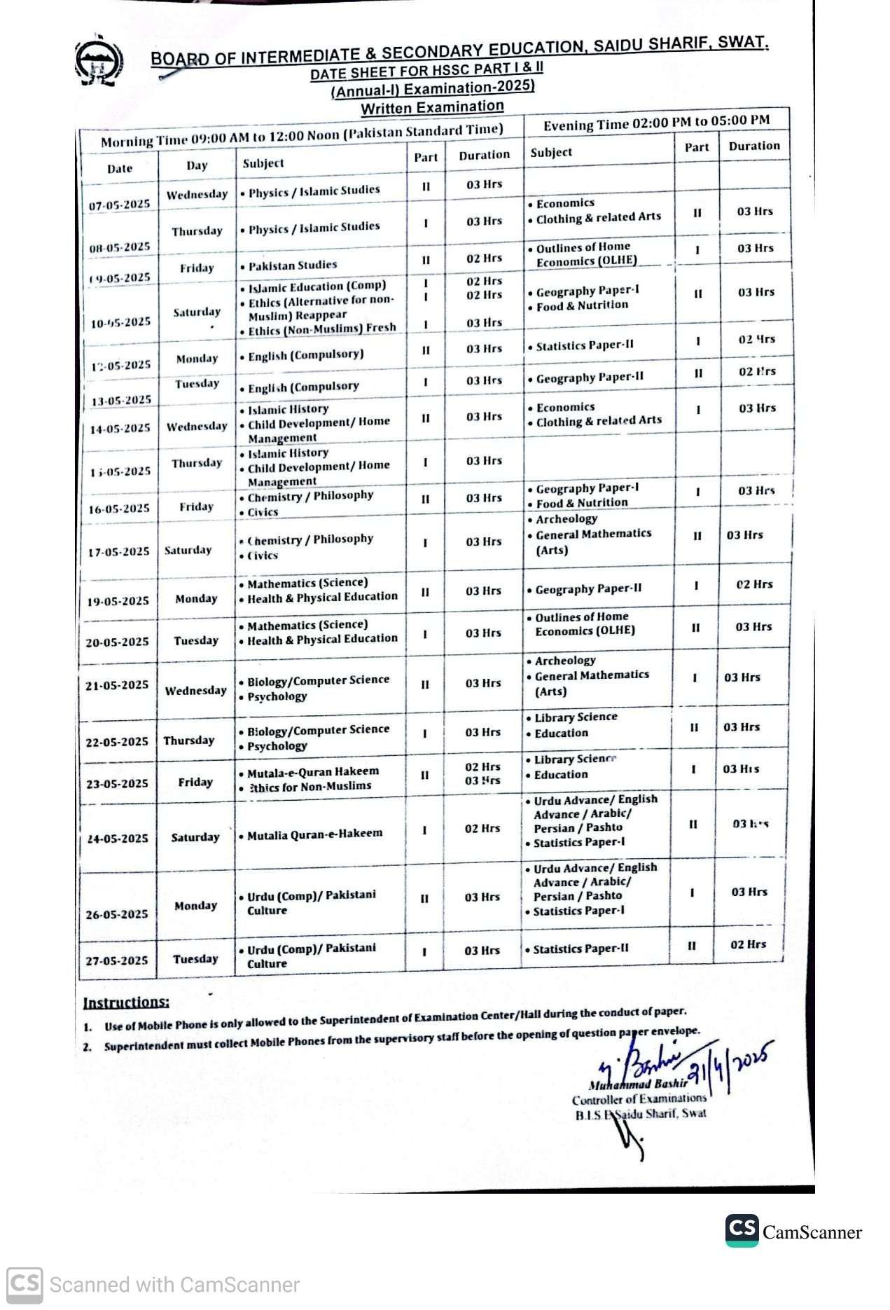 BISE Swat Board Date Sheet 2025 Inter Part 1 2, HSSC, FA, FSC, Inter