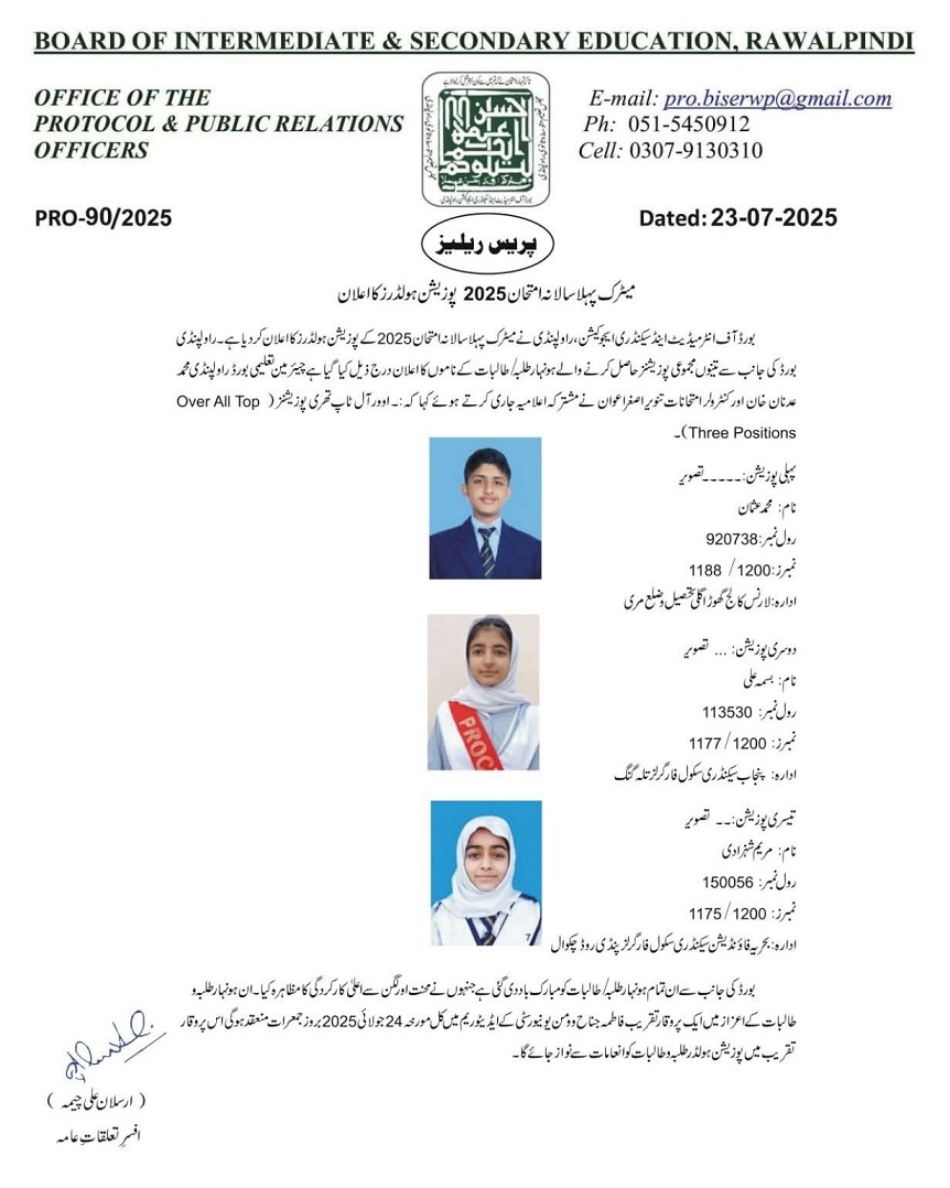 Rawalpindi Board SSC Overall Top 3 Positions 2025