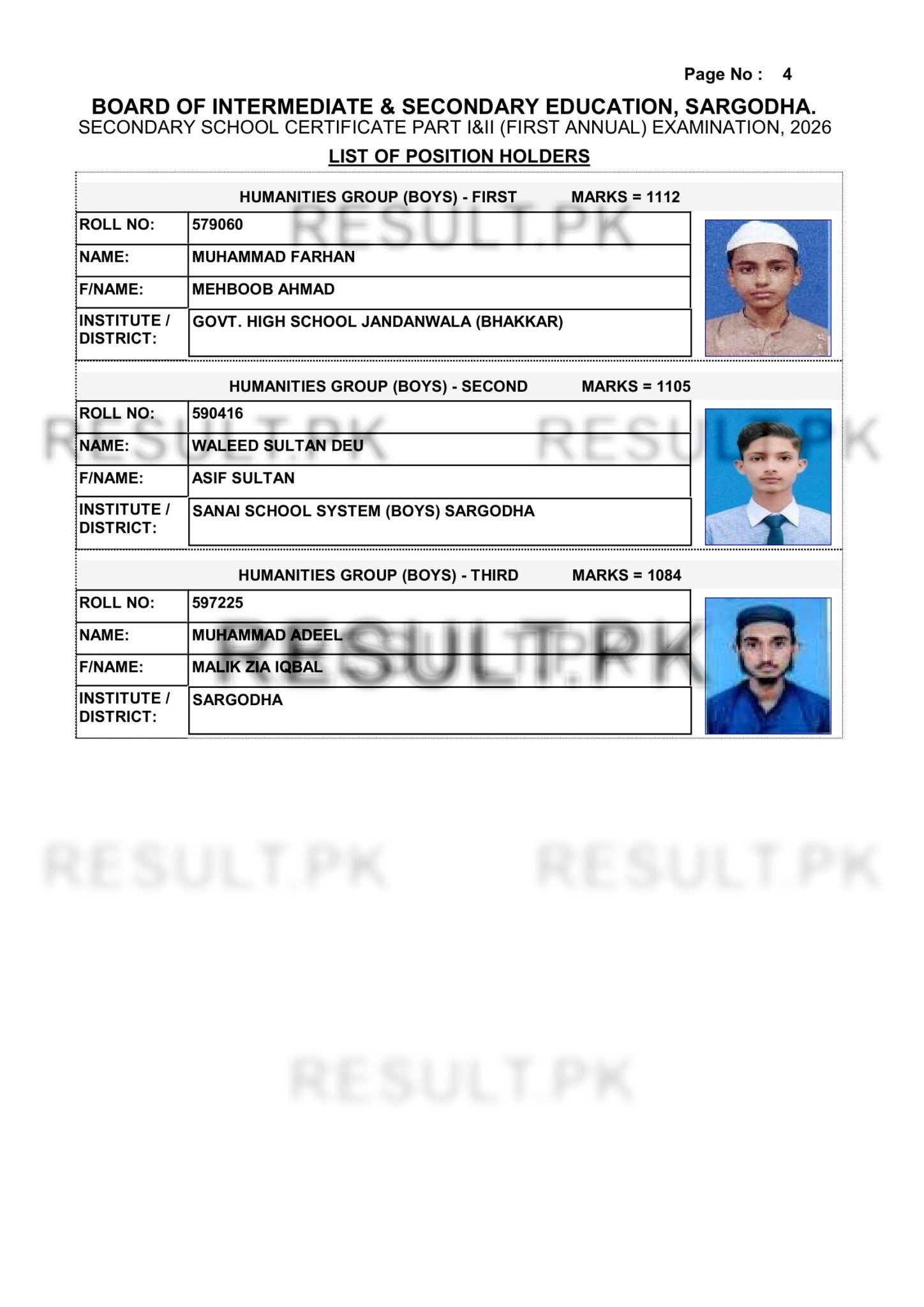 Sargodha Board SSC Humanities Group Boys Top Positions 2026