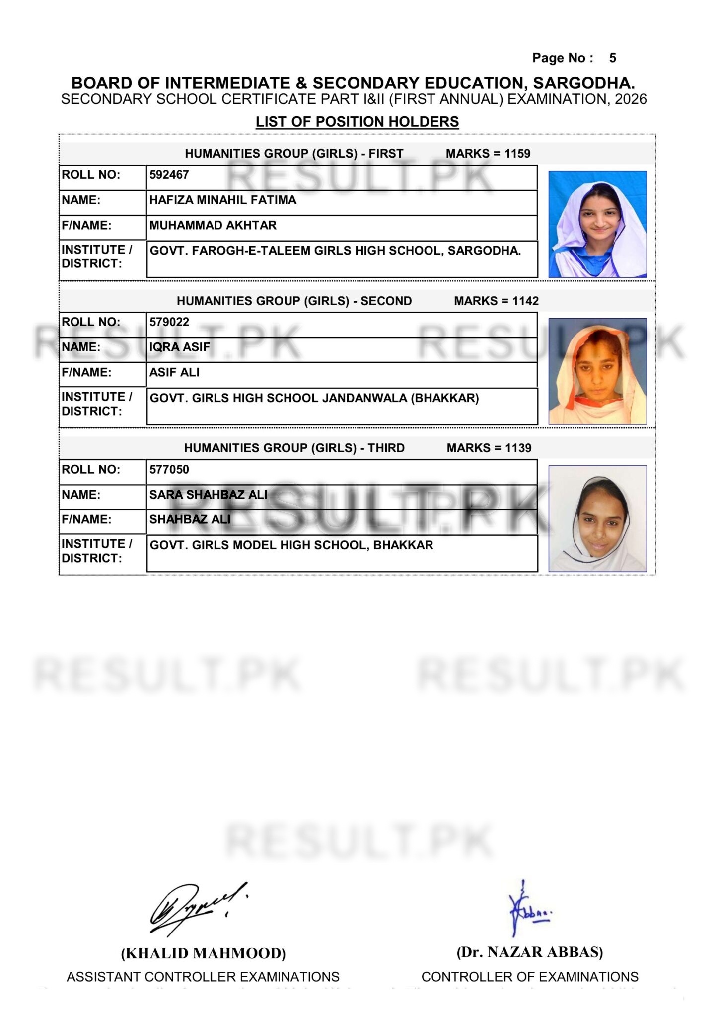 Sargodha Board SSC Humanities Group Girls Top Positions 2026