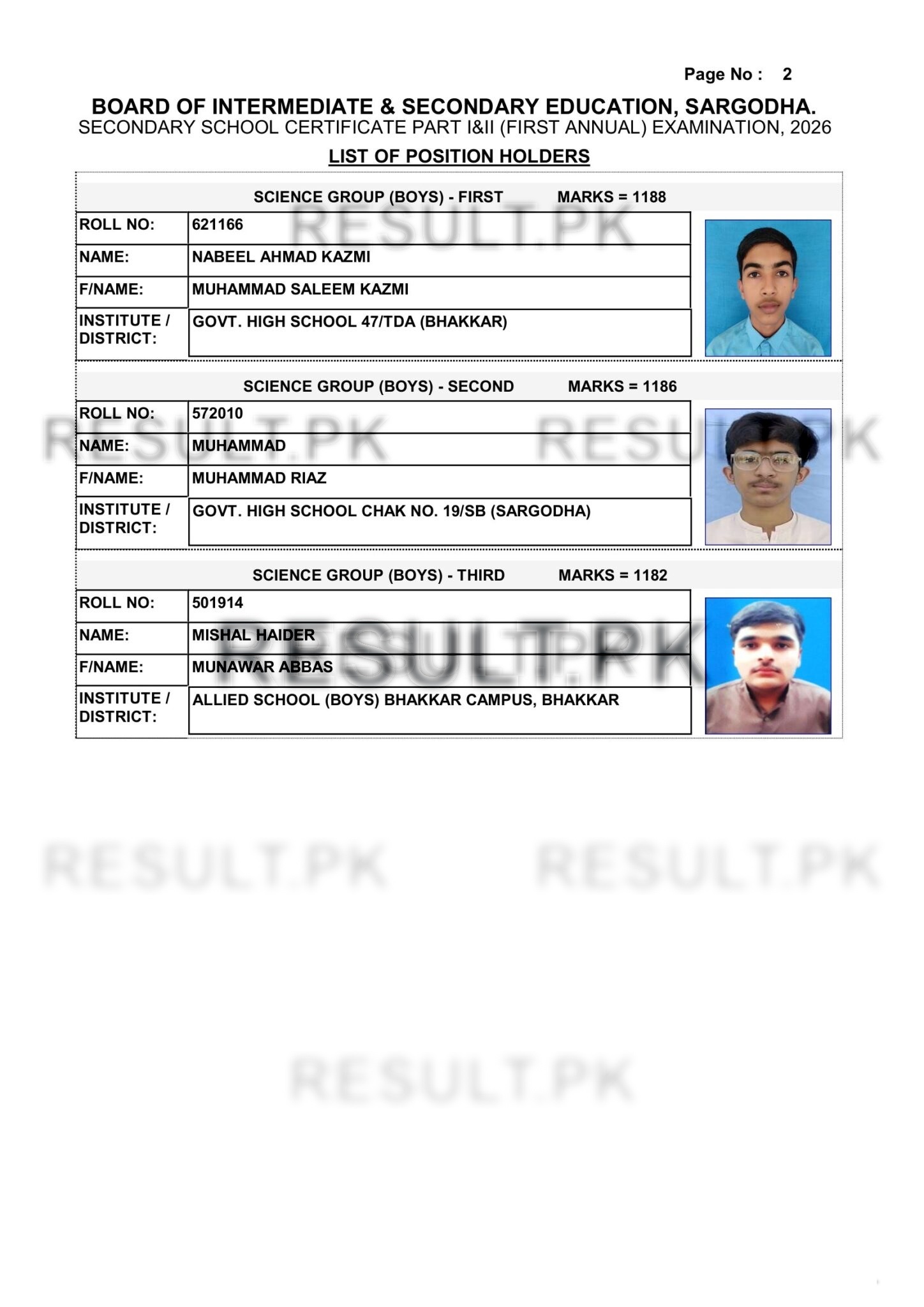 Sargodha Board SSC Science Group Boys Top Positions 2026