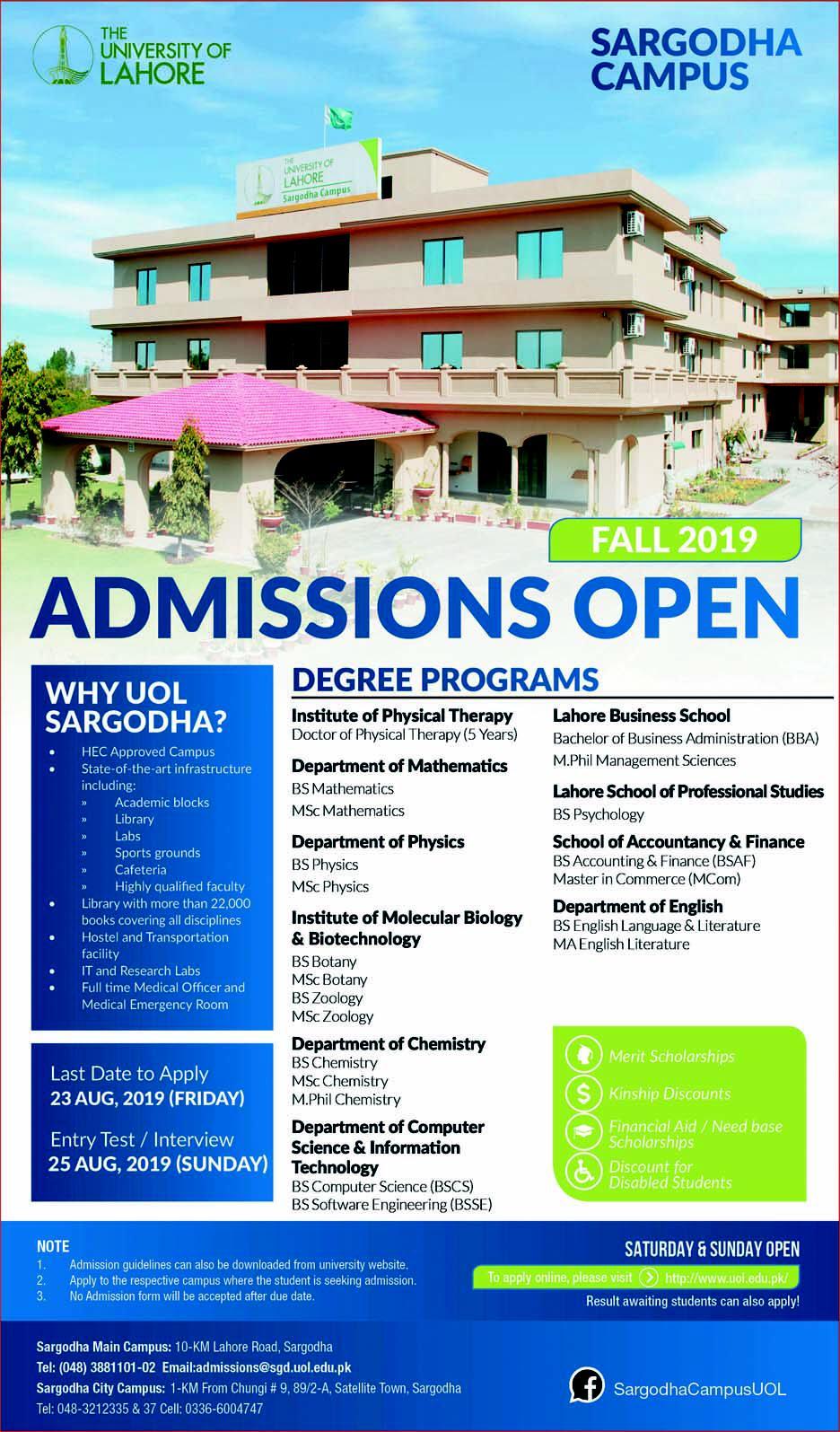 The University of Lahore Sargodha Campus Admissons Open 2019