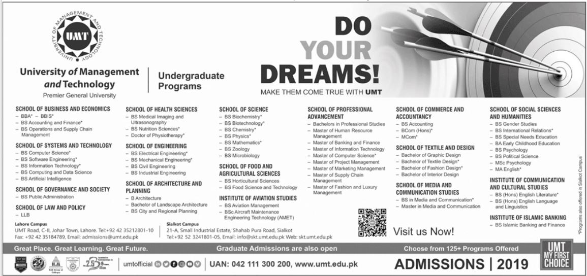 University of Managment and Technology Admissions 2019