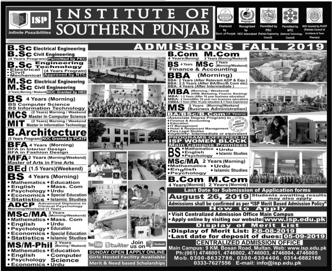 Institute of Southern Punjab Admissions 2019