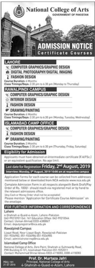 National College of Arts Admissions 2019