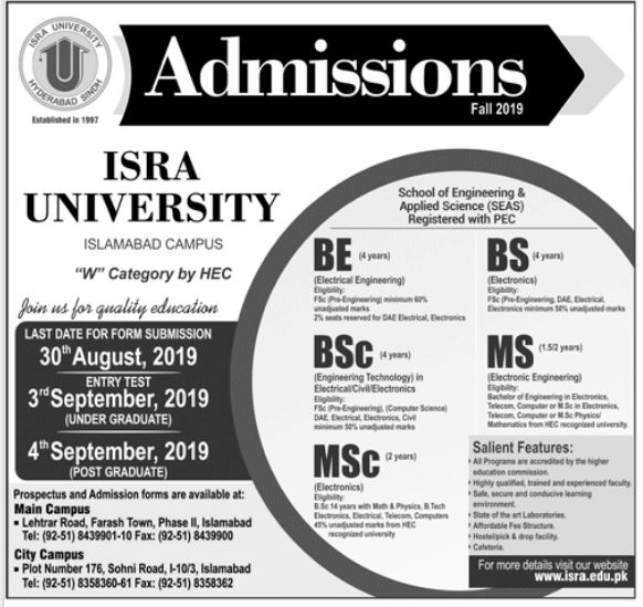 Isra University Islamabad Admissions 2019