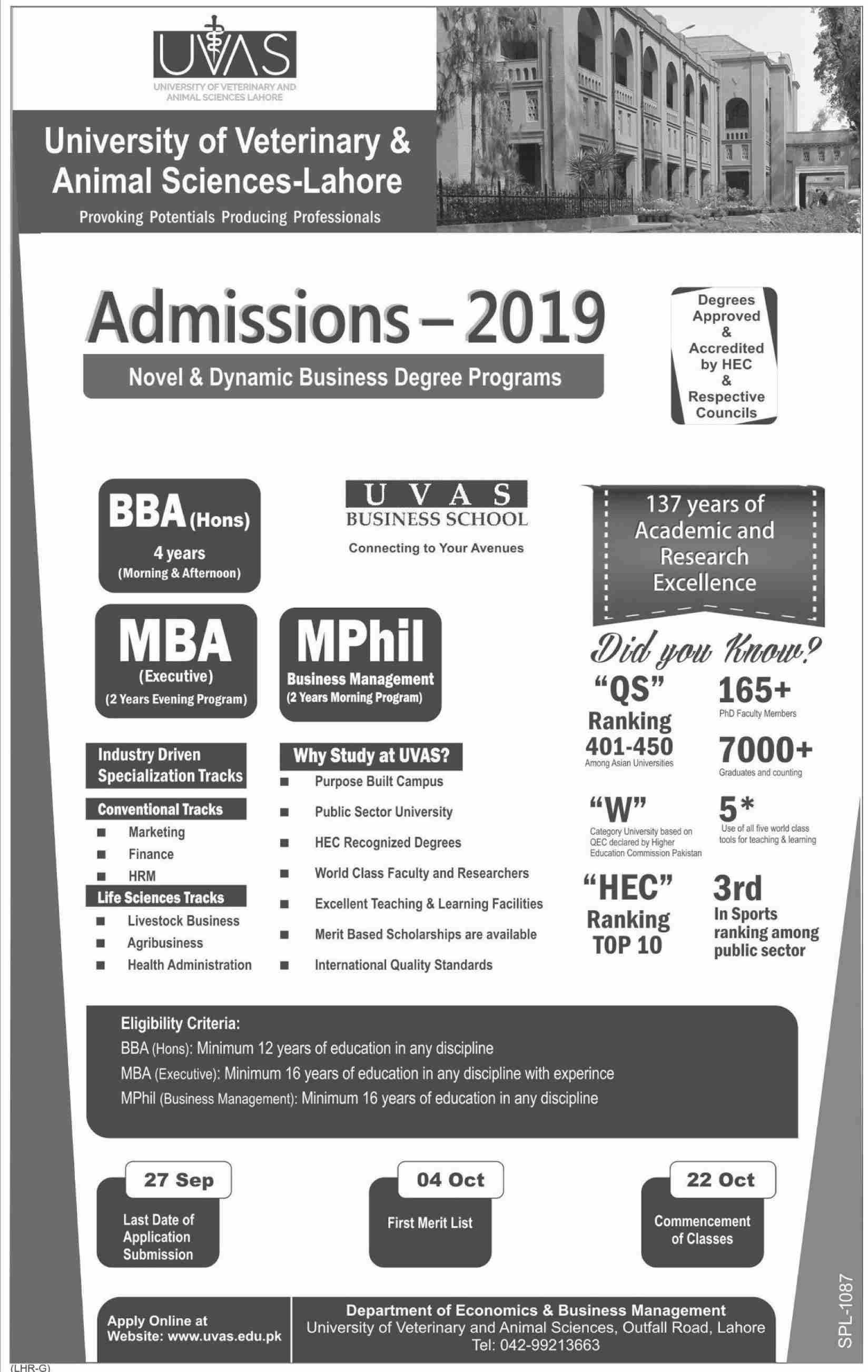 UVAS BBA MBA admissions 2019 UVAS BBA MBA admissions 2019