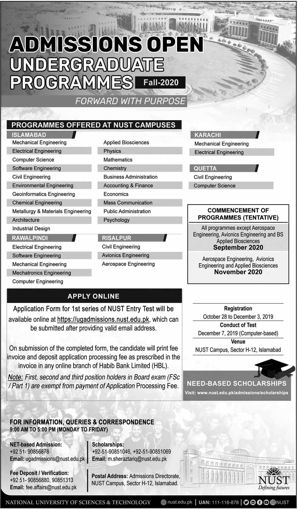 NUST Undergraduate Programs admissions 2019 Result.pk
