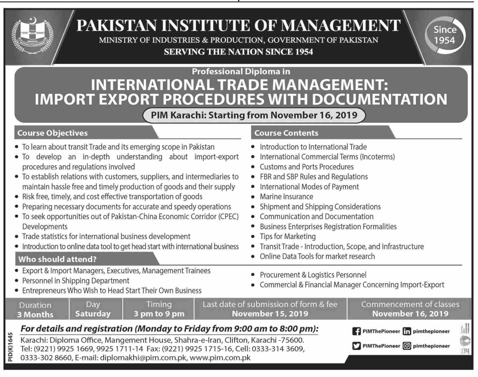 Pakistan Institute of Management Admission Fall 2019-20