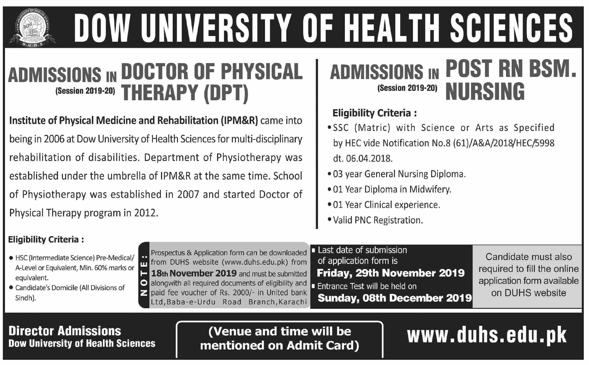 DOW University of Health Sciences Admission 2019