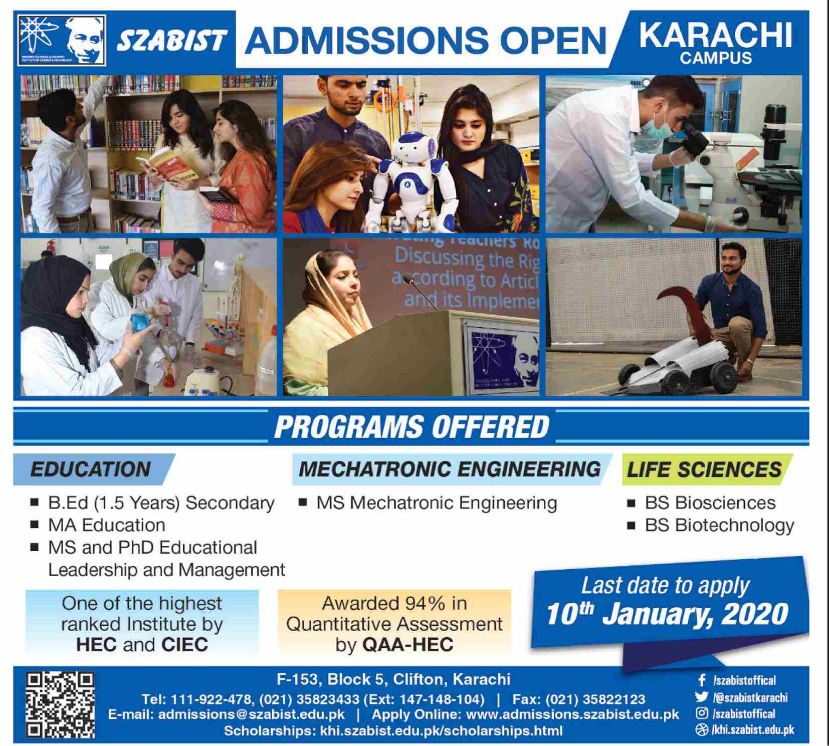 SZABIST Mechatronic Admission fall 2019