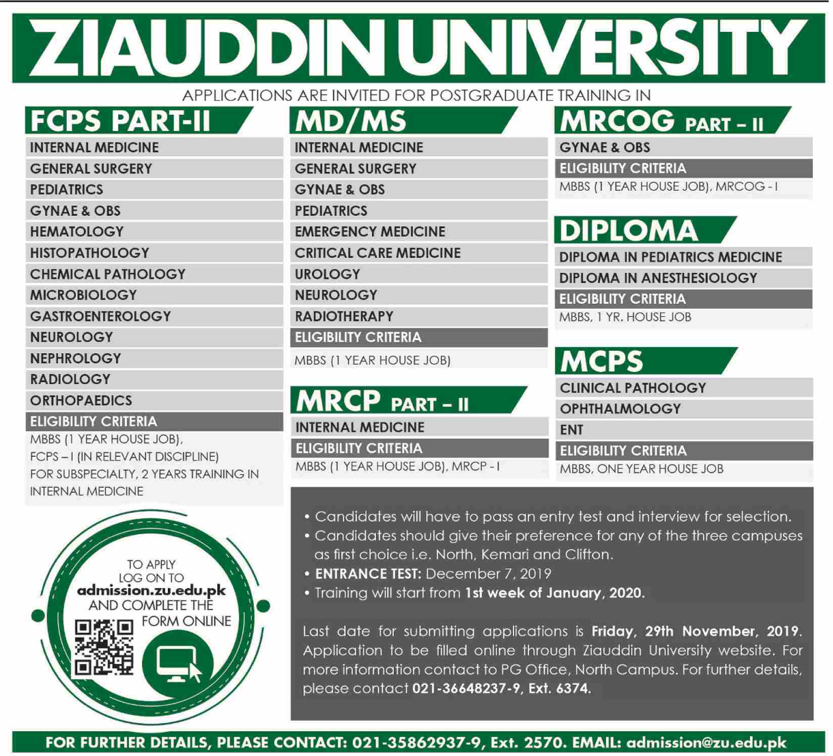 Ziauddin University FCPS MD MS MCPS Admission 2019