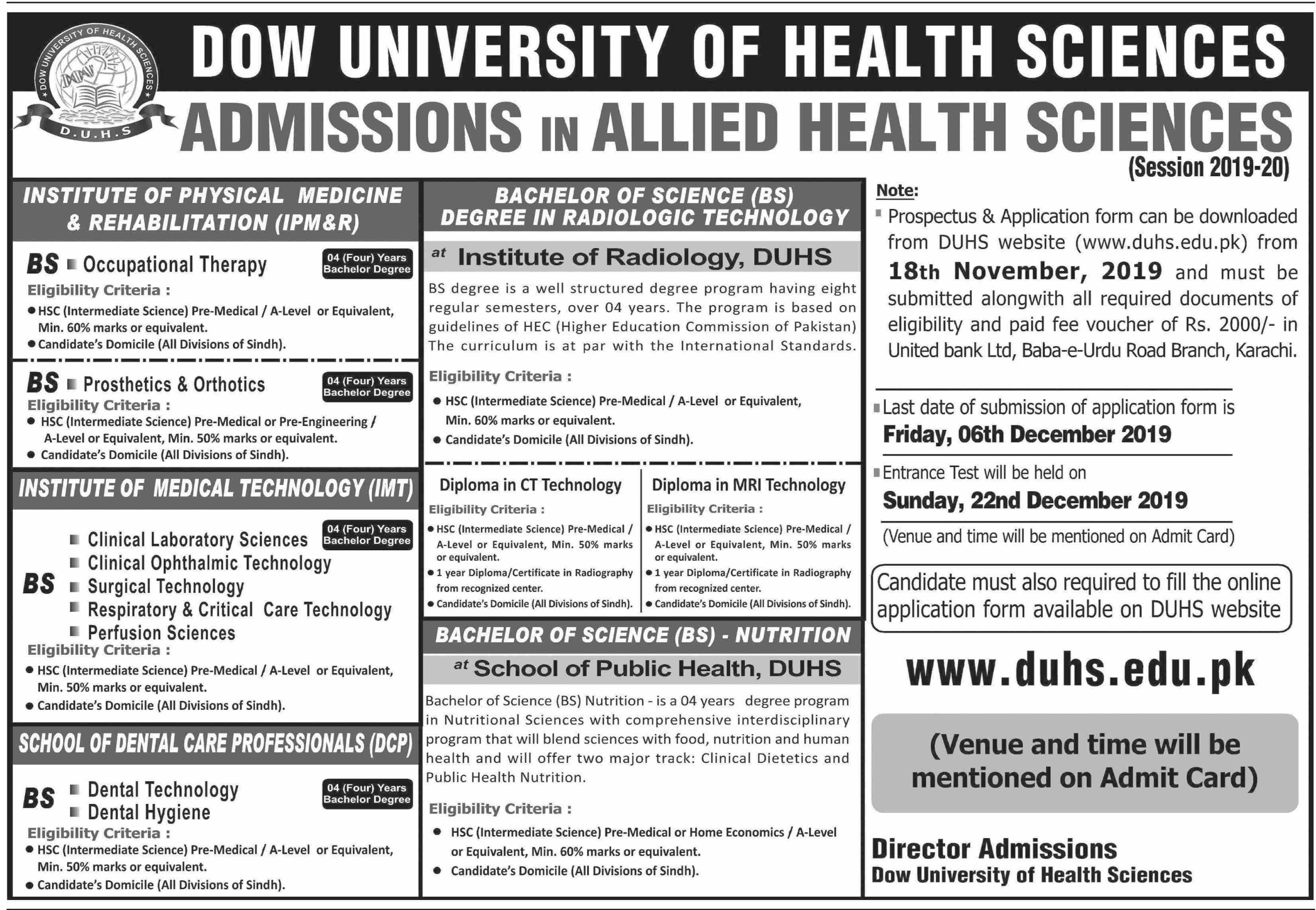 DOW University of Health Sciences Admission 2019