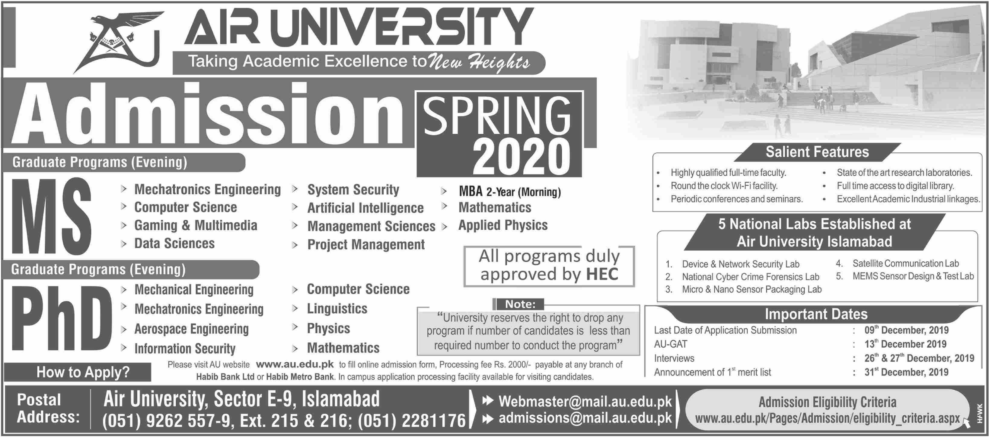 Air University MS PhD Admission Fall Spring 2020