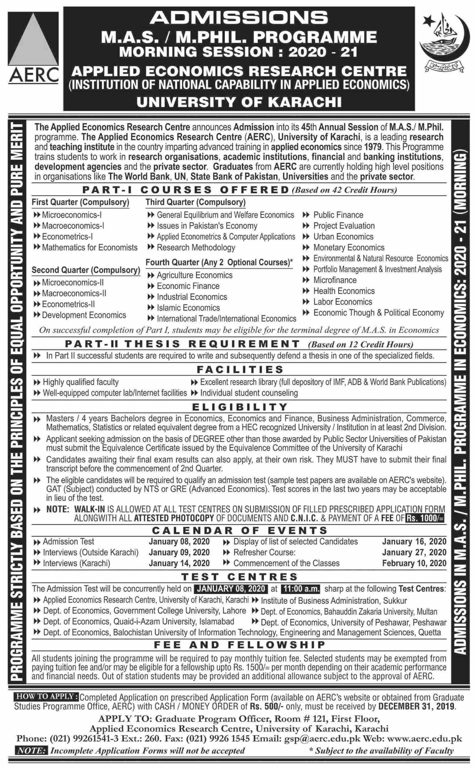 Aerc University Of Karachi M Phil Admissions 2019 Result Pk