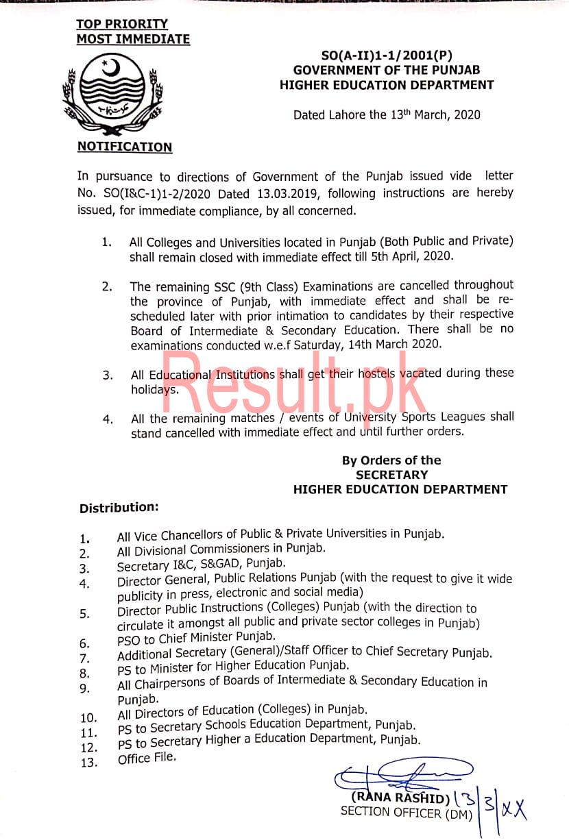 9th Class Exam 2020 Postponed In Punjab Result Pk