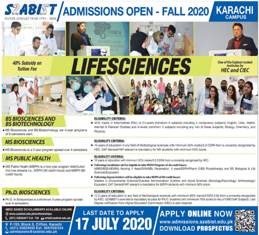 SZABIST BS Biosciences Biotechnology 2020 admissions Result.pk