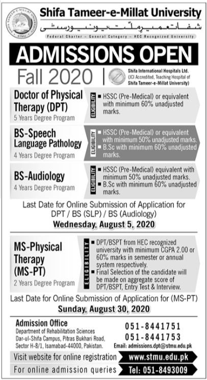 Shifa Tameer e Millat University Fall 2020 admissions