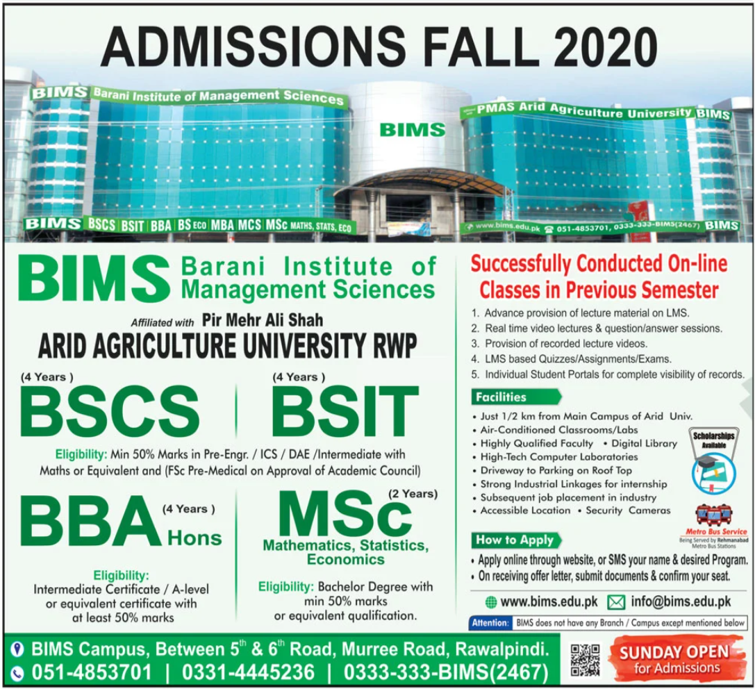 Barani Institute of Management Sciences BIMS Admissions 2020