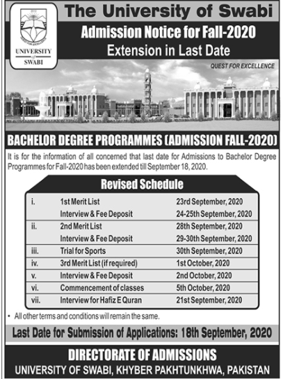 The University of Swabi Bachelor Admissions 2020