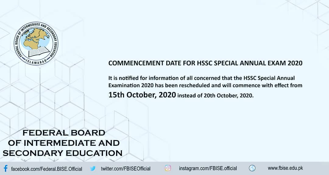 Federal Board HSSC Special Annual Exams 2020 Starting Date ...