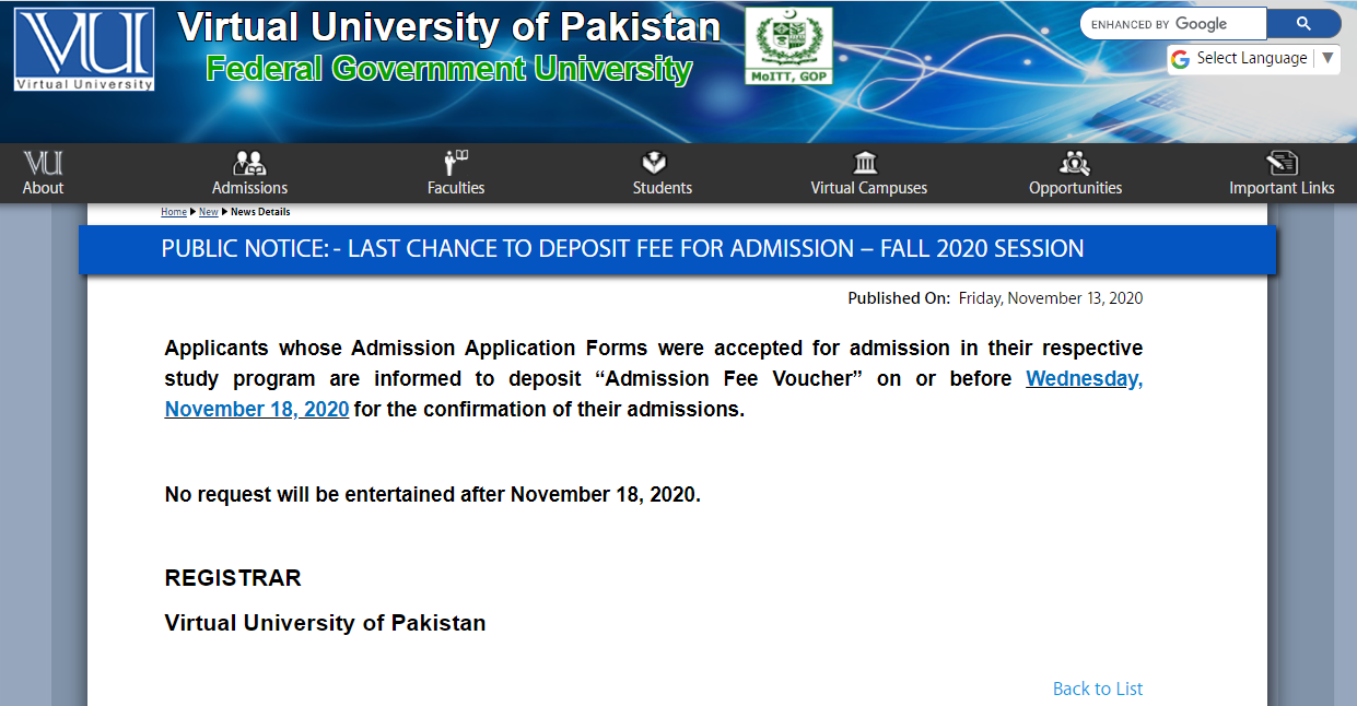 Virtual University VU Last date Admission Fee 2020 Result.pk