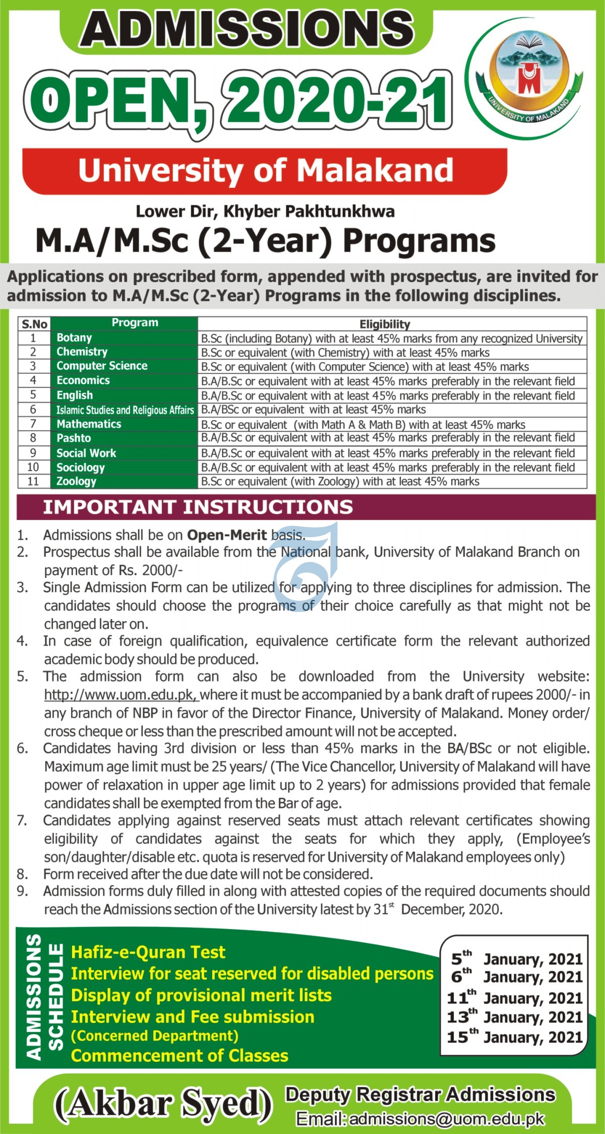 University of Malakand MA MSc Admissions 2021