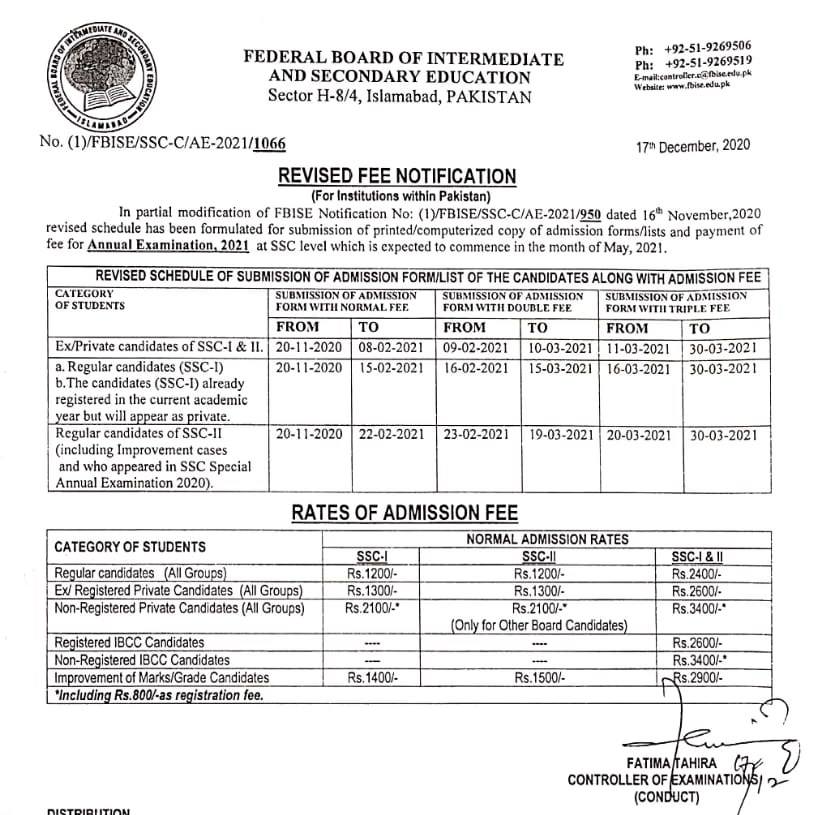 FBISE Board SSC Annual Exams 2021 Schedule Result.pk