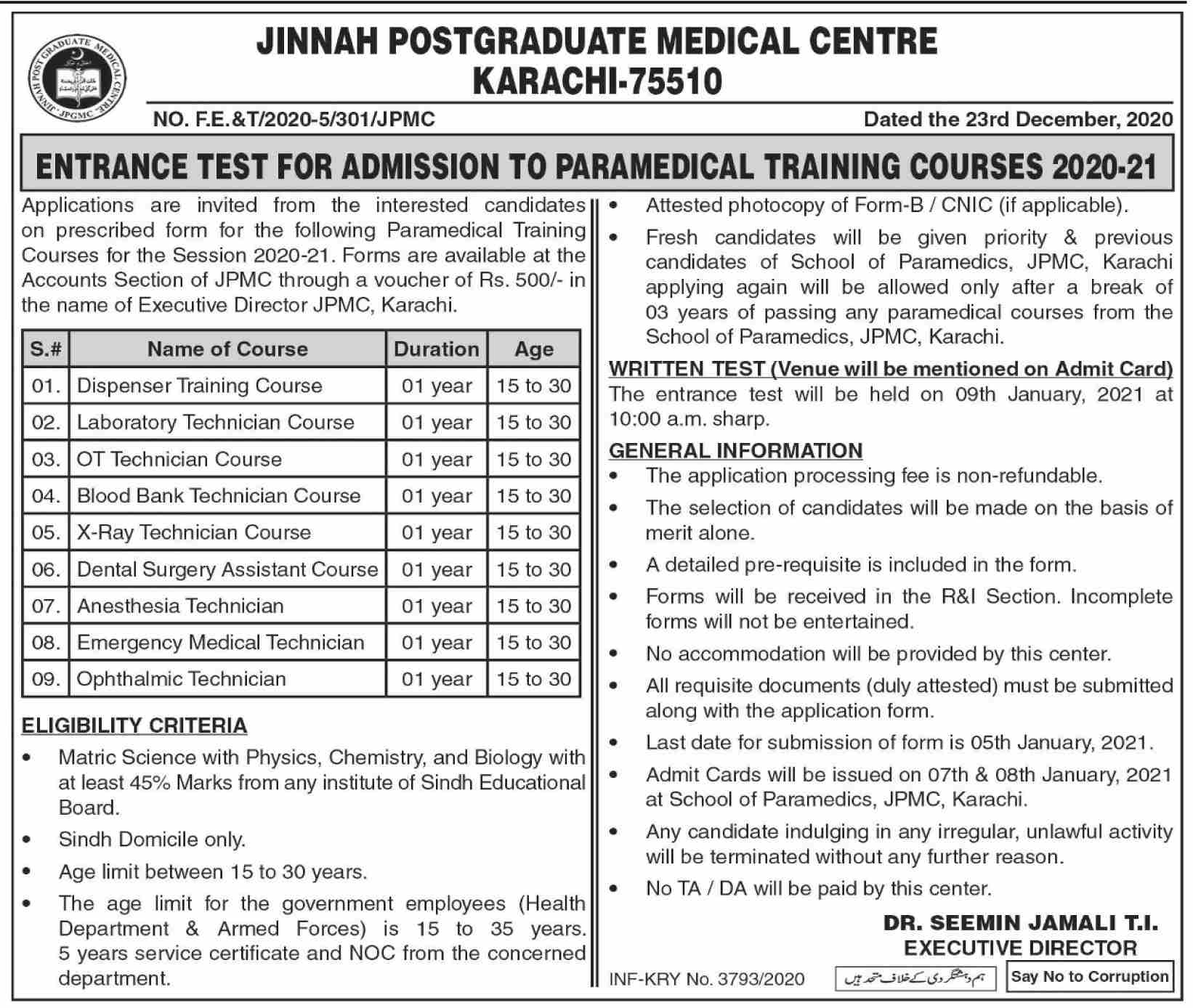 Jinnah Postgraduate Medical Center Courses Admissions 2021