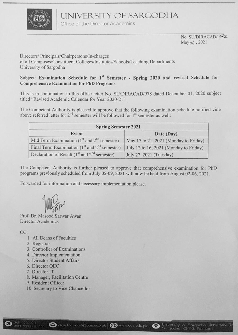 UOS Revised Schedule For Spring Semester Exams 2021 Result.pk