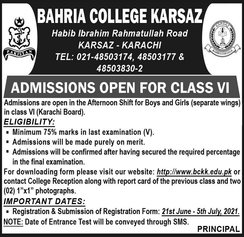 bahria-college-karsaz-karachi-class-vi-admissions-2021-result-pk