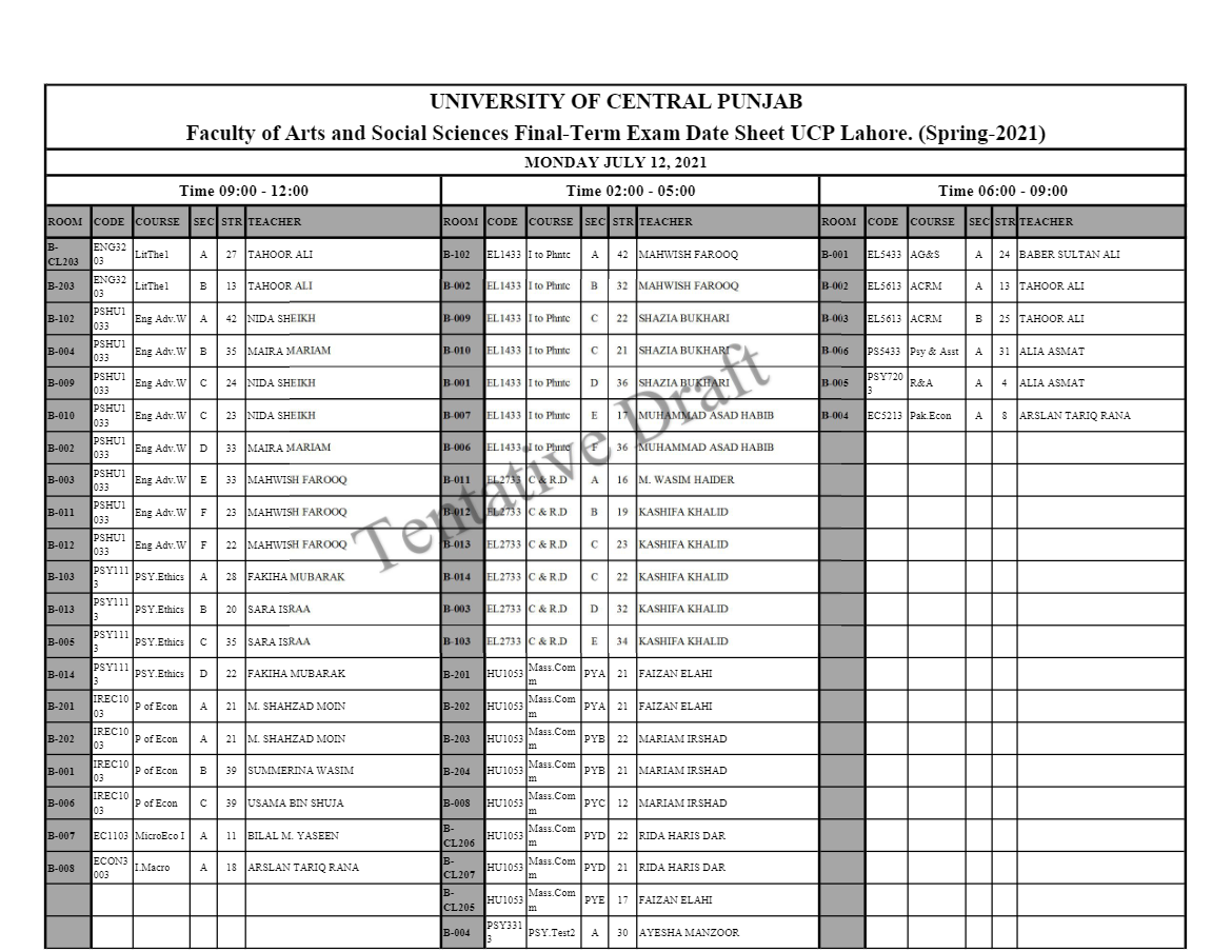 UCP Faculty of Arts & Social Sci Final Schedule Exam 2021 Result.pk