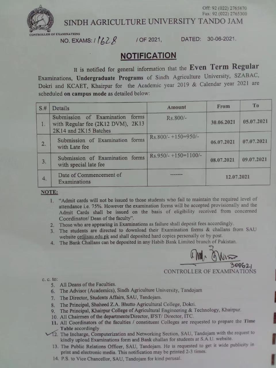 Sindh Agriculture Uni Undergraduate Even Term Exam 2019 Result.pk