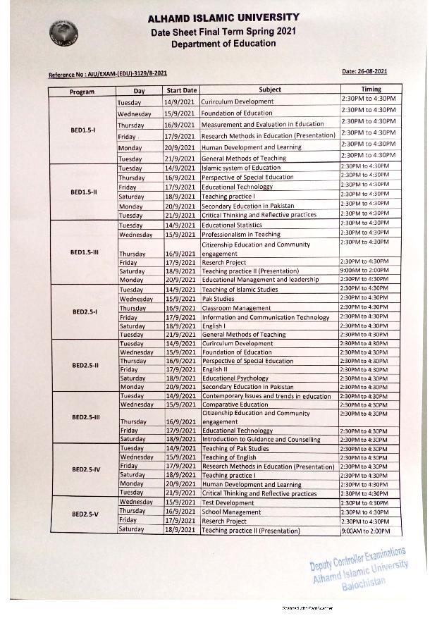 AIU Islamabad BS & B.Ed Date Sheet Final Term Exam 2021 Result.pk