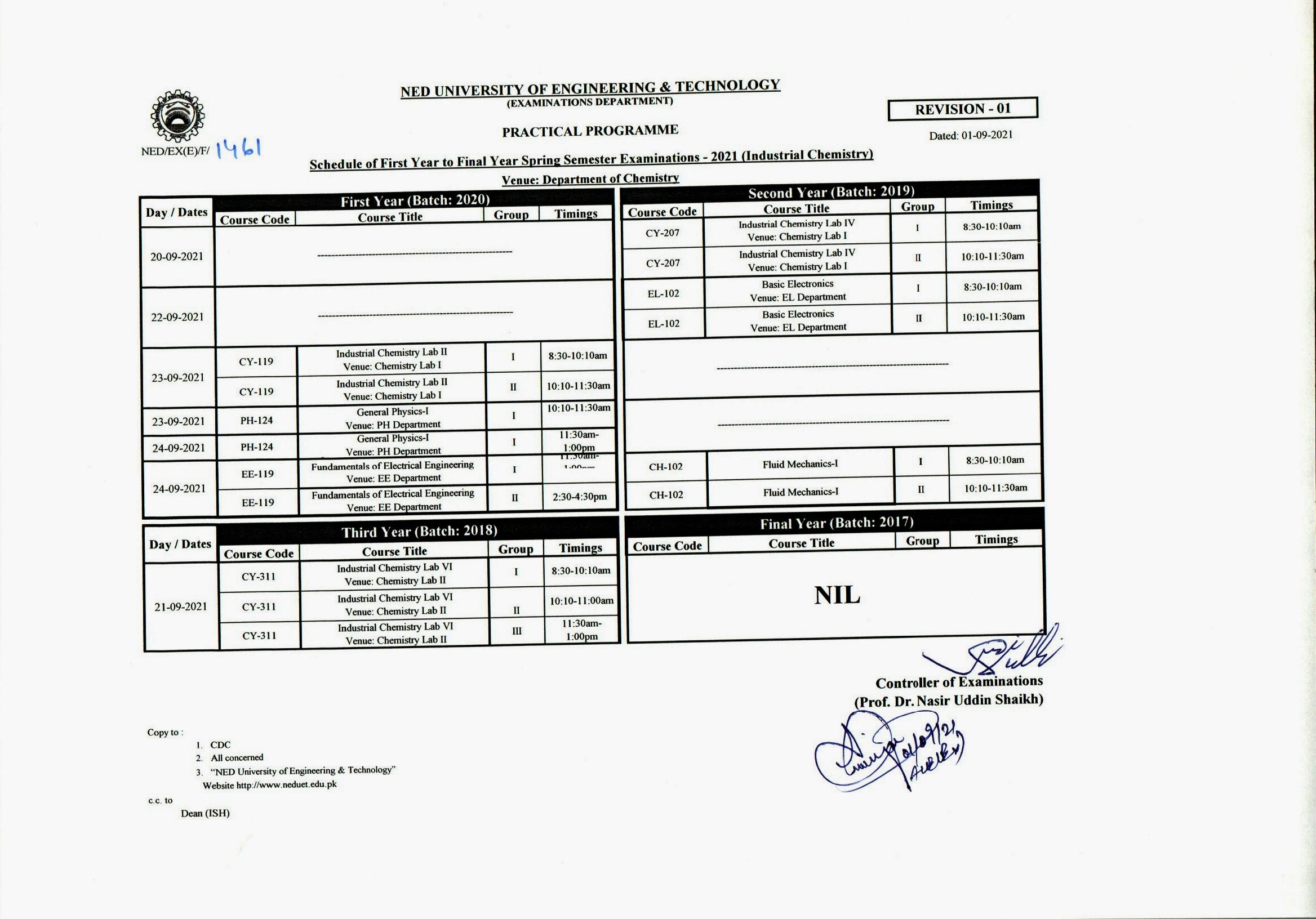 NED Uni Karachi BS Industrial Chemistry Schedule Spring 2021 Result.pk