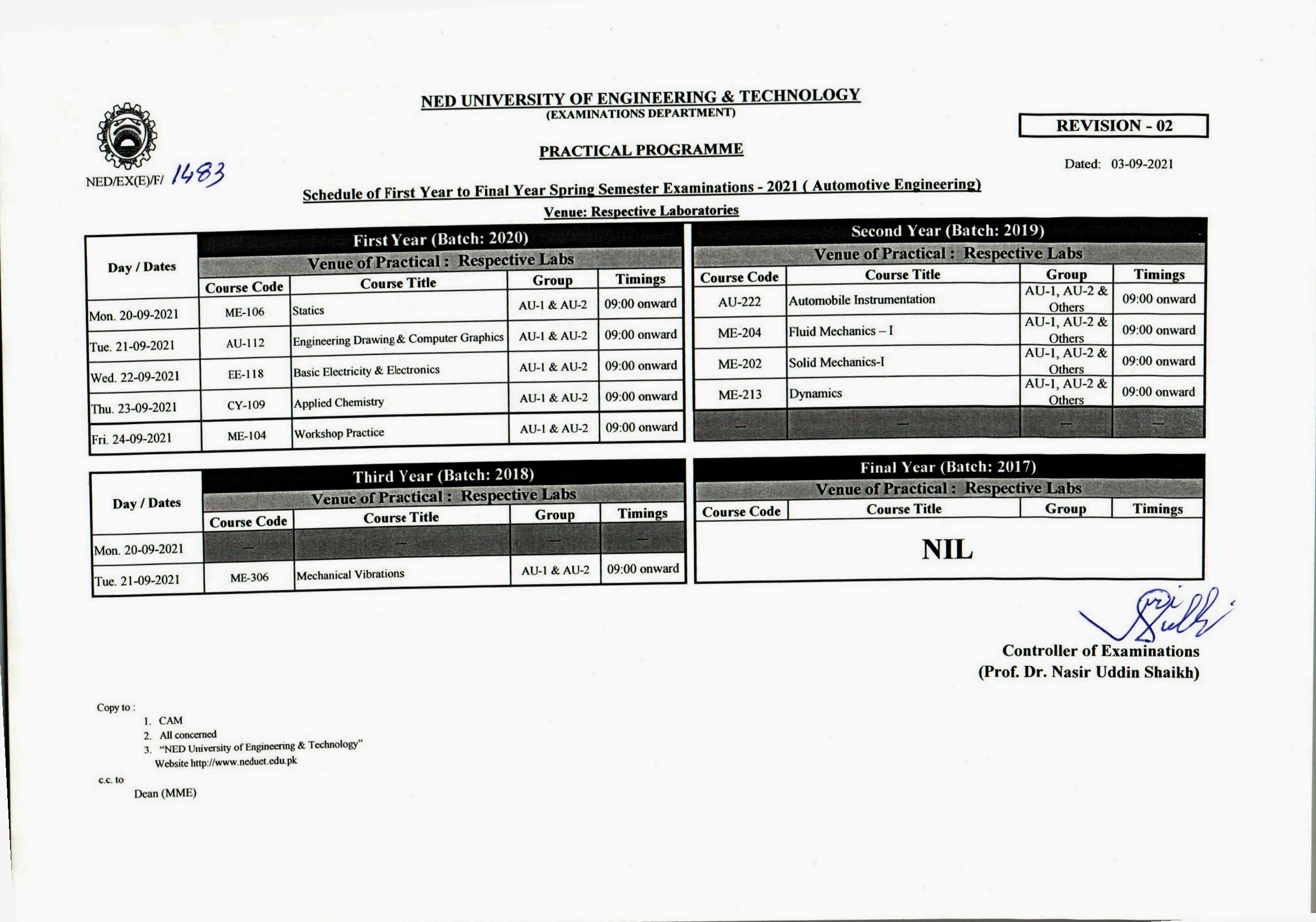 NED Uni Karachi BE Automotive Engineering Schedule Exam 2021 Result.pk