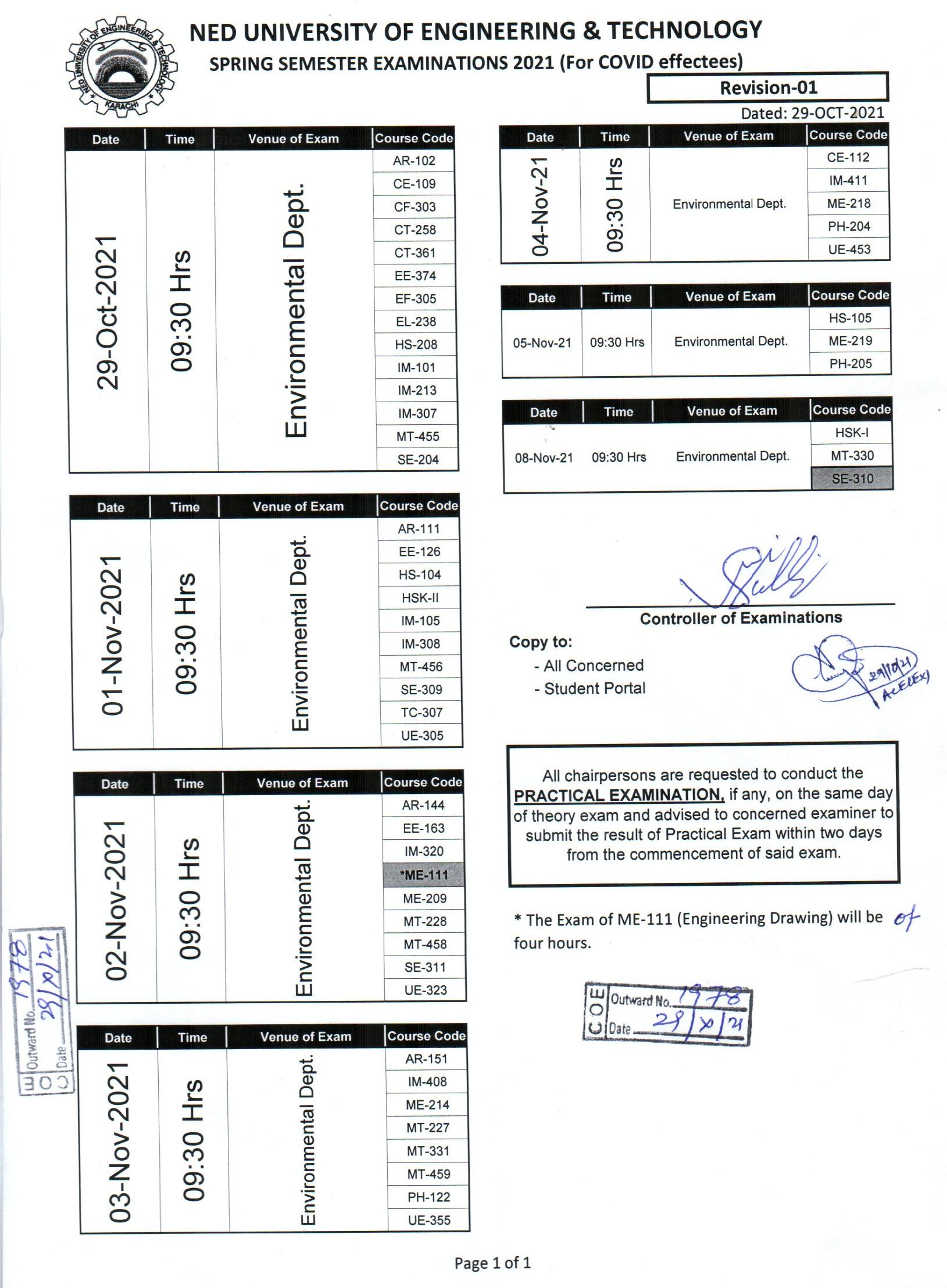 NEDUET Undergraduate Exam 2021 Schedule for COVID Effectees Result.pk