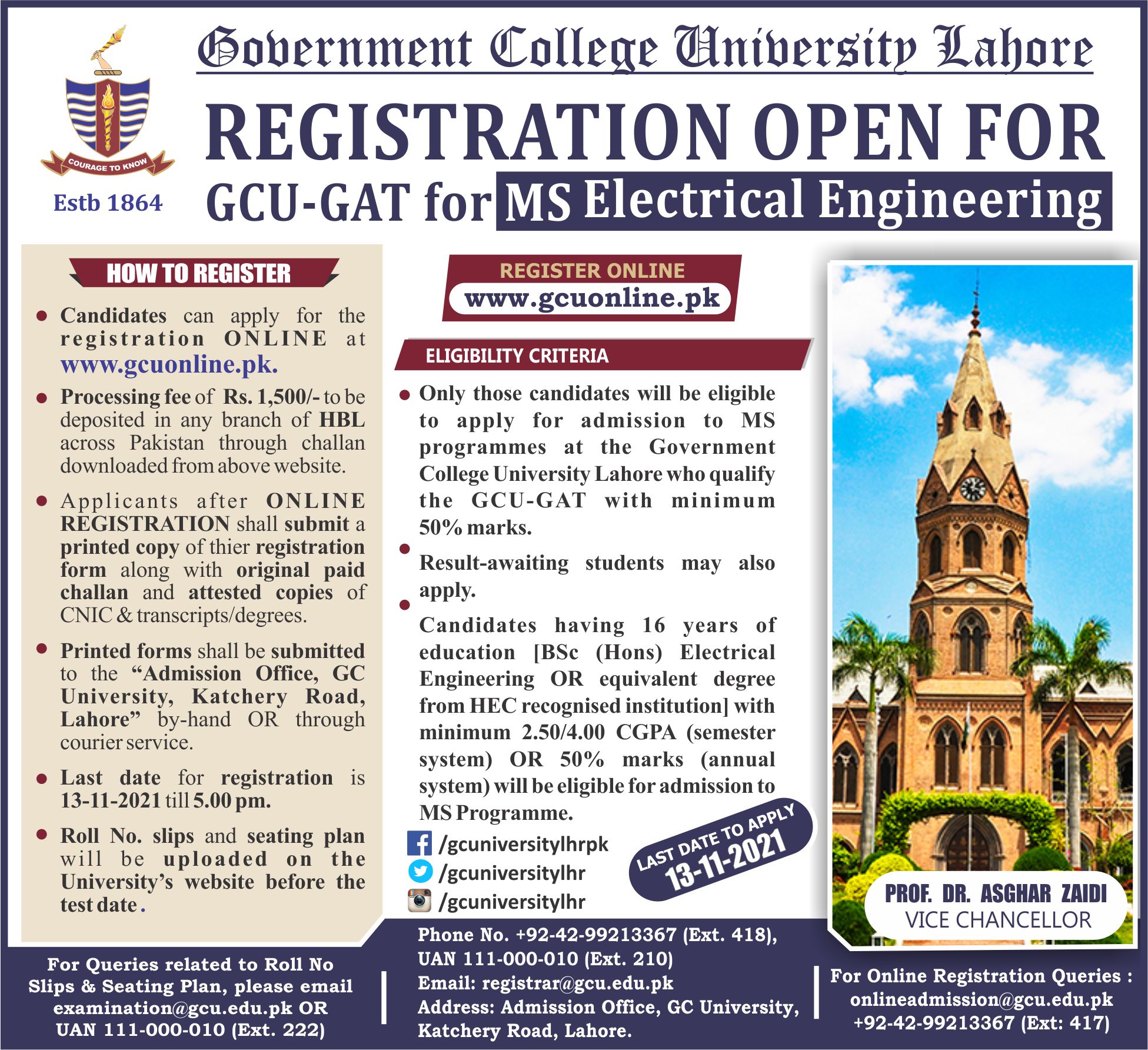 GCUGAT Registration for MS Electrical Engineering 2021 Result.pk