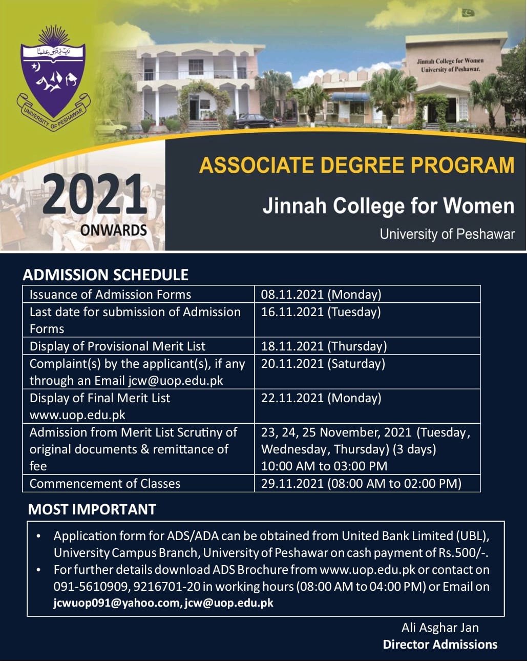 UoP JCW AD Programs Admission Schedule 2021 Result.pk