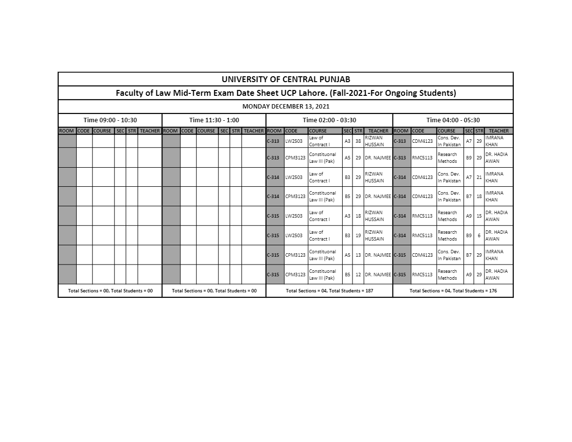 UCP Lahore Faculty of Law Mid Term Fall Exam 2021 Date Sheet Result.pk