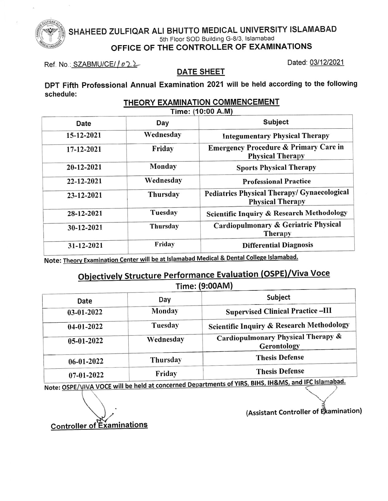 SZABMU Islamabad DPT 5th Prof Annual Exam 2021 Date Sheet Result.pk