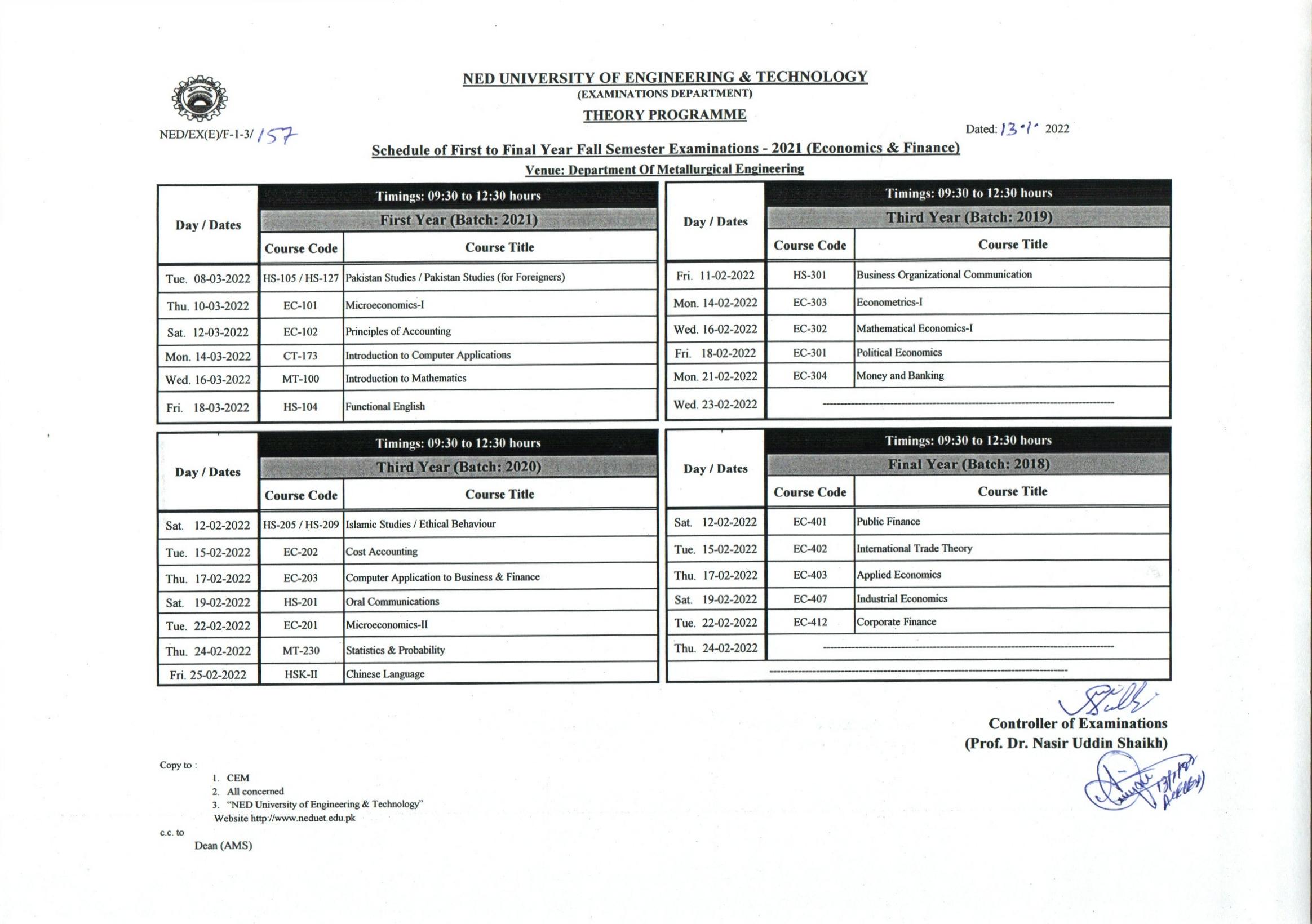 NEDUET Karachi BS Economics Finance Fall Exams 2021 Schedule 2022 neduet-karachi-bs-economics-finance-fall-exams-2021-schedule-2022