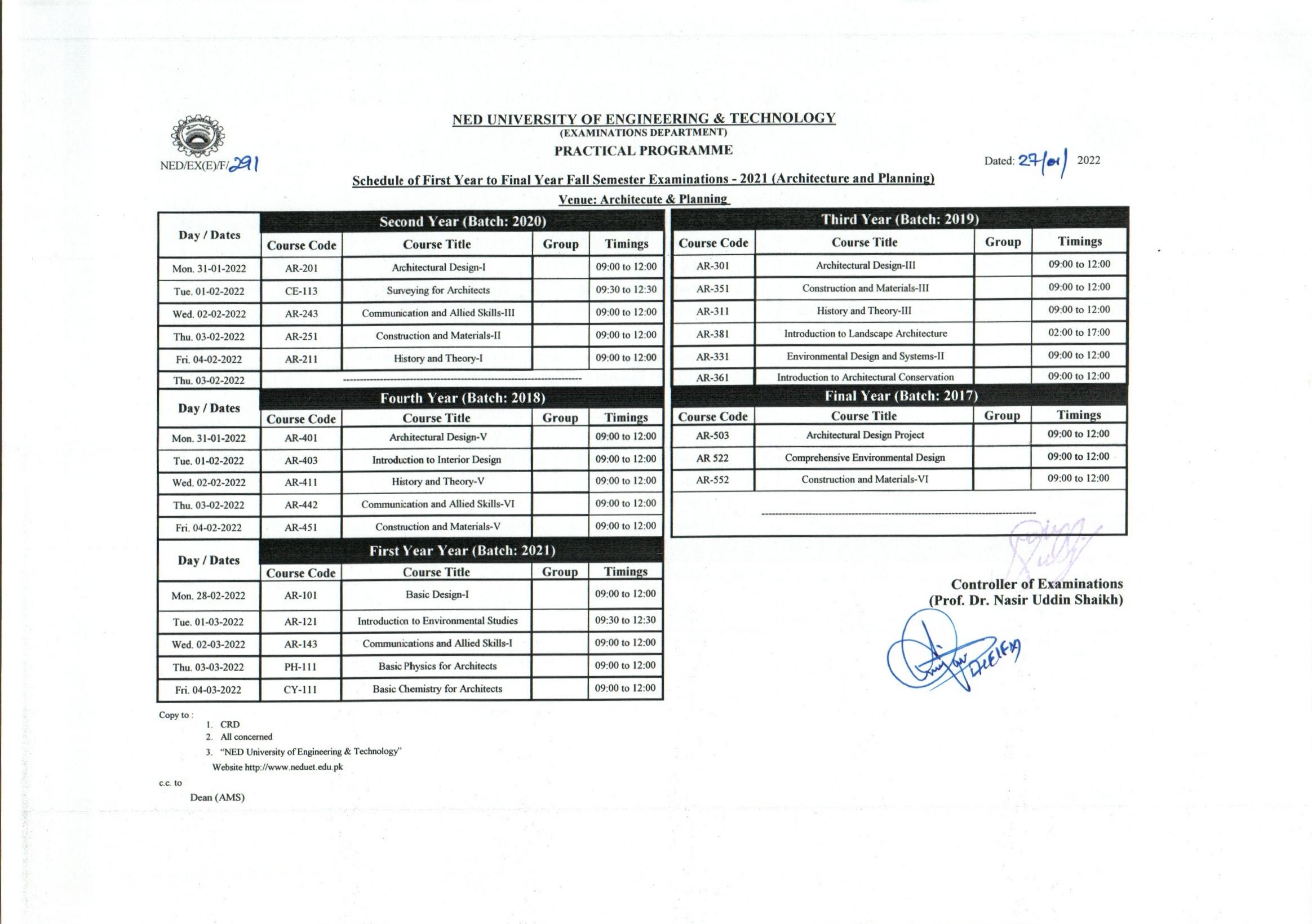 NEDUET Undergraduate Practical Fall Exam 2021 Date Sheet 2022 Result.pk