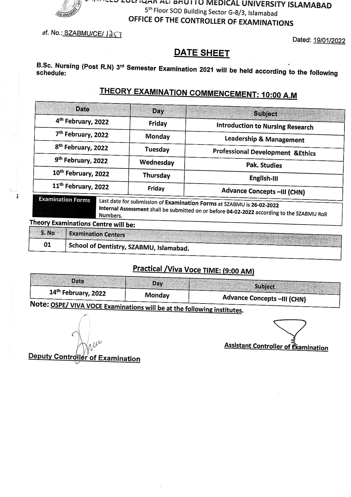 SZABMU Islamabad BSc Nursing Post RN Exam 2021 Date Sheet 2022 Result.pk