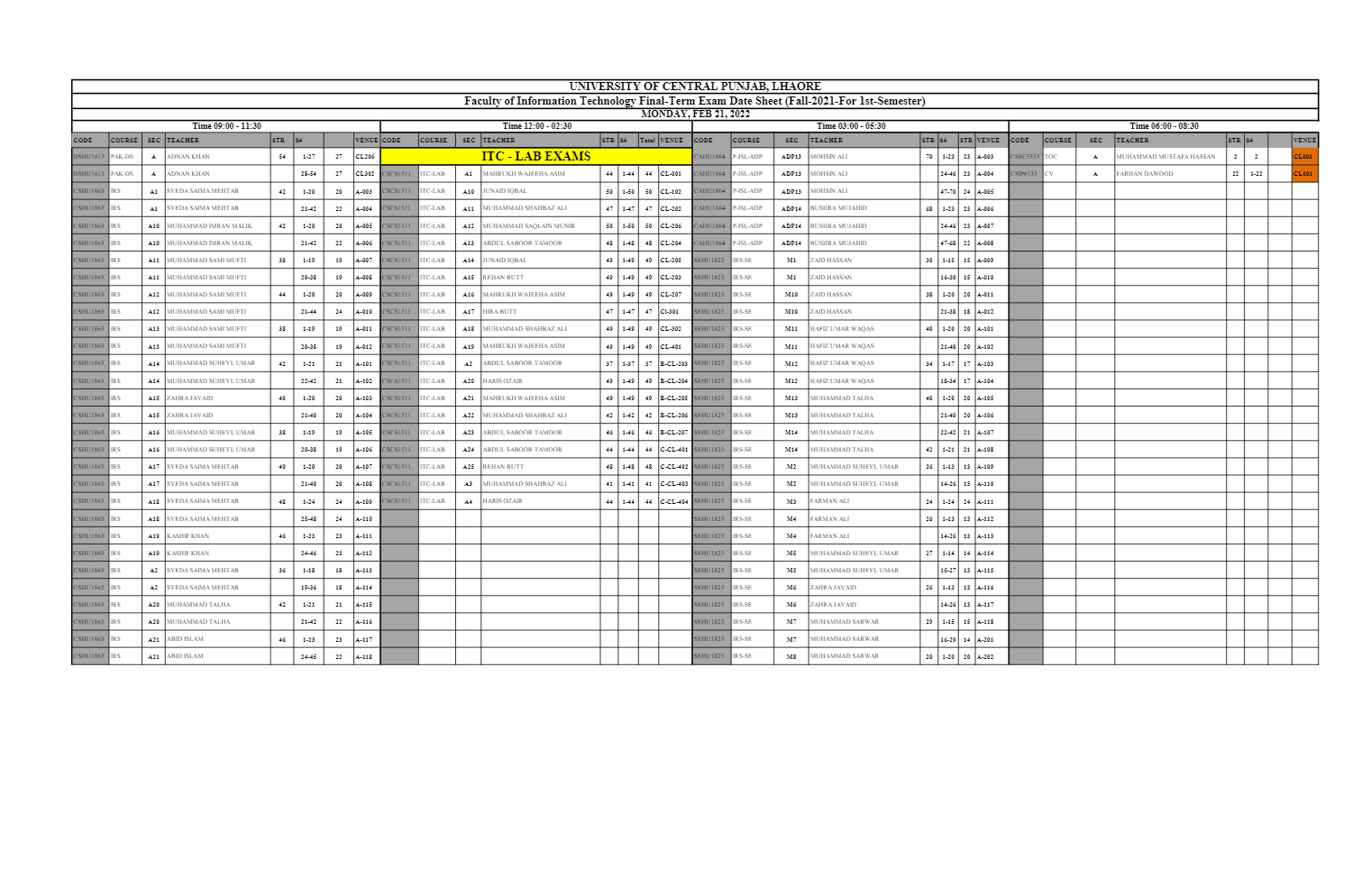 CUST Faculty of Information Technology Fall Exam 2021 Date Sheet 2022 CUST Faculty of Information Technology Fall Exam 2021 Date Sheet 2022