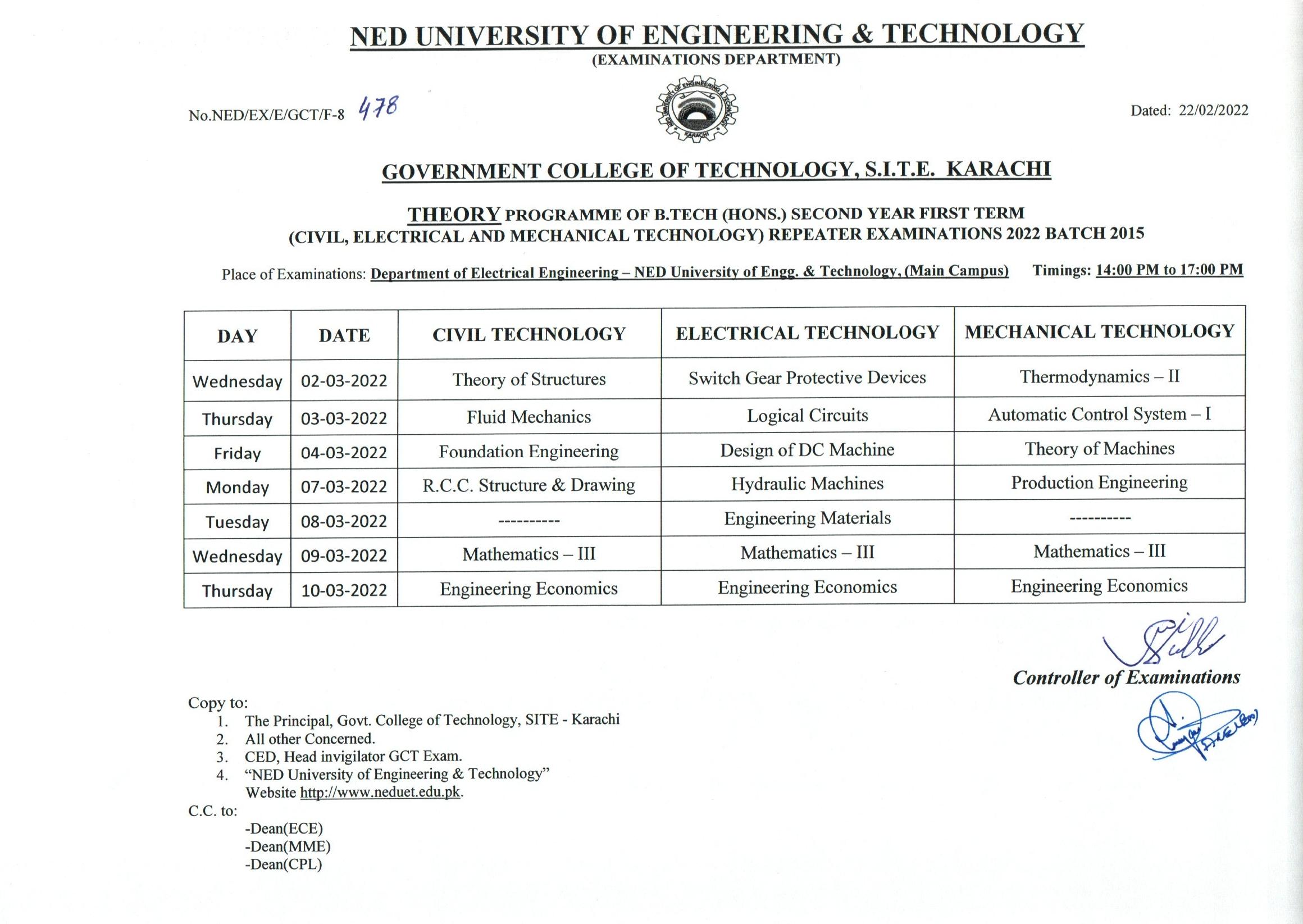 NEDUET B. Tech 1st Term Repeater Exams Schedule 2022 Result.pk