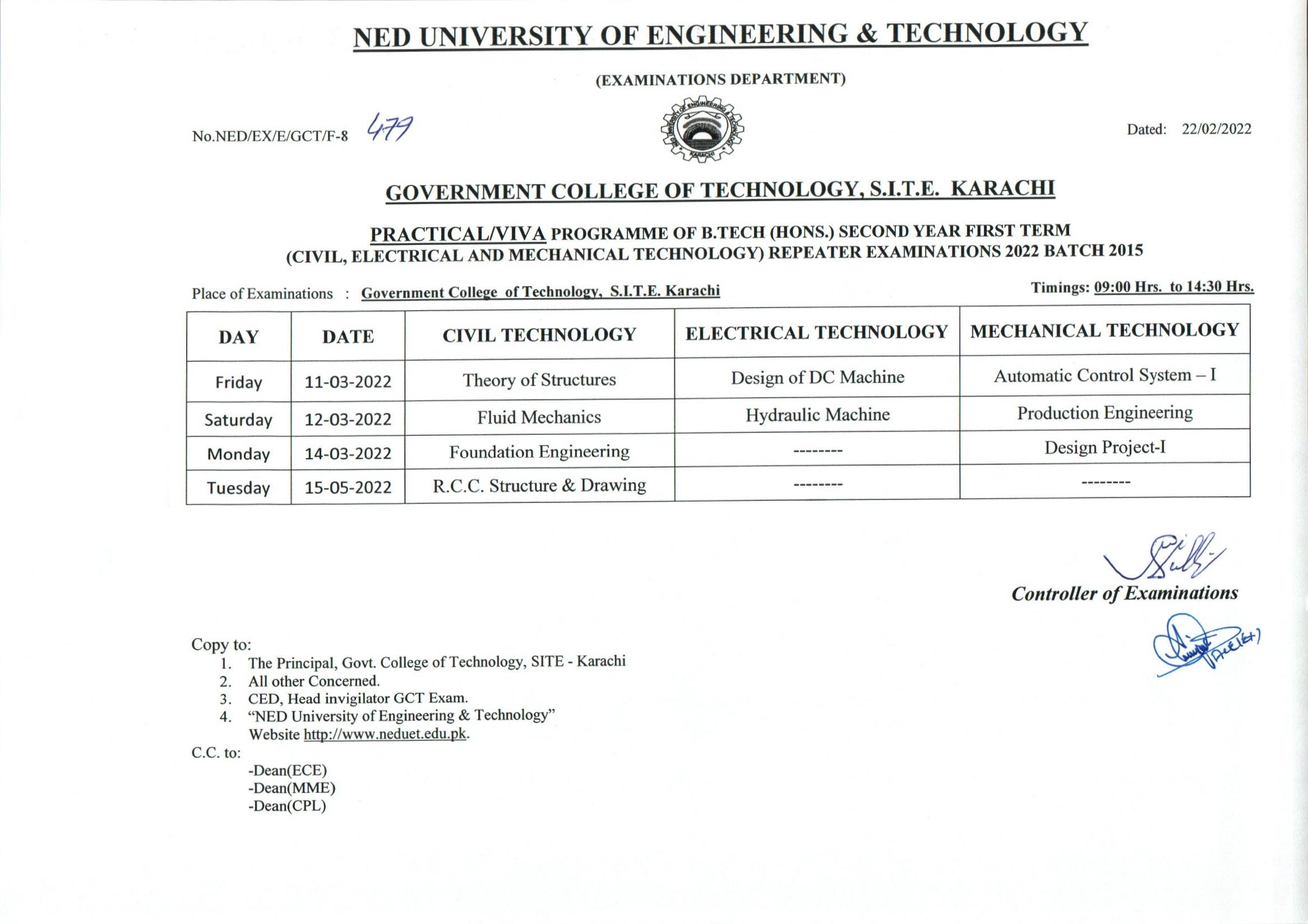 NEDUET B. Tech 1st Term Repeater Exams Schedule 2022 Result.pk