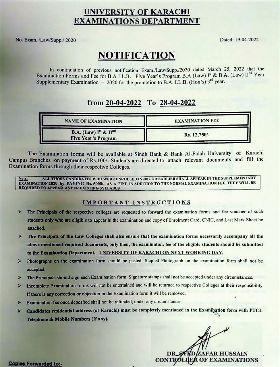 UoK BA LLB Supply Exams 2020 Forms Schedule Result.pk