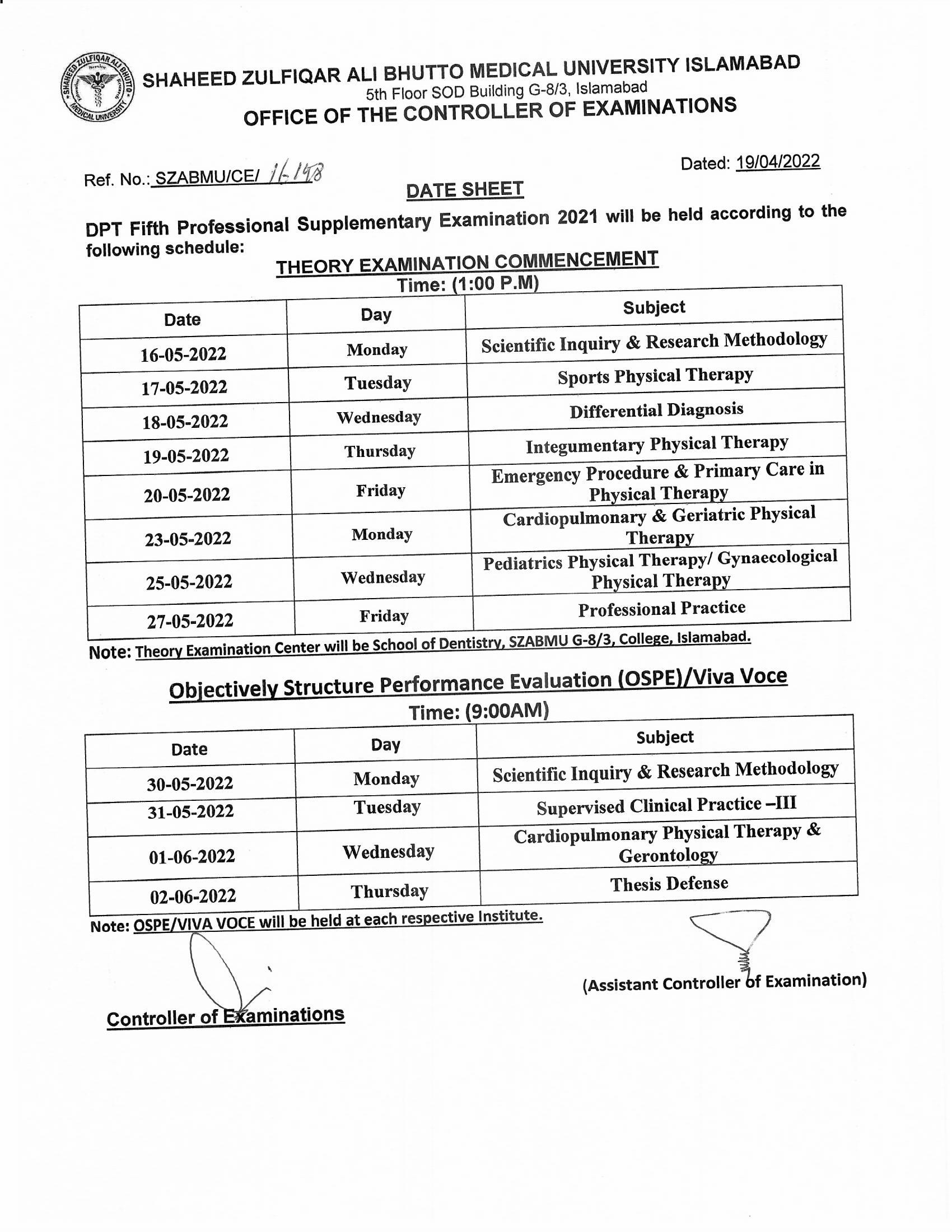SZABMU DPT Fifth Prof Supply Exam 2021 Date Sheet 2022 Result.pk